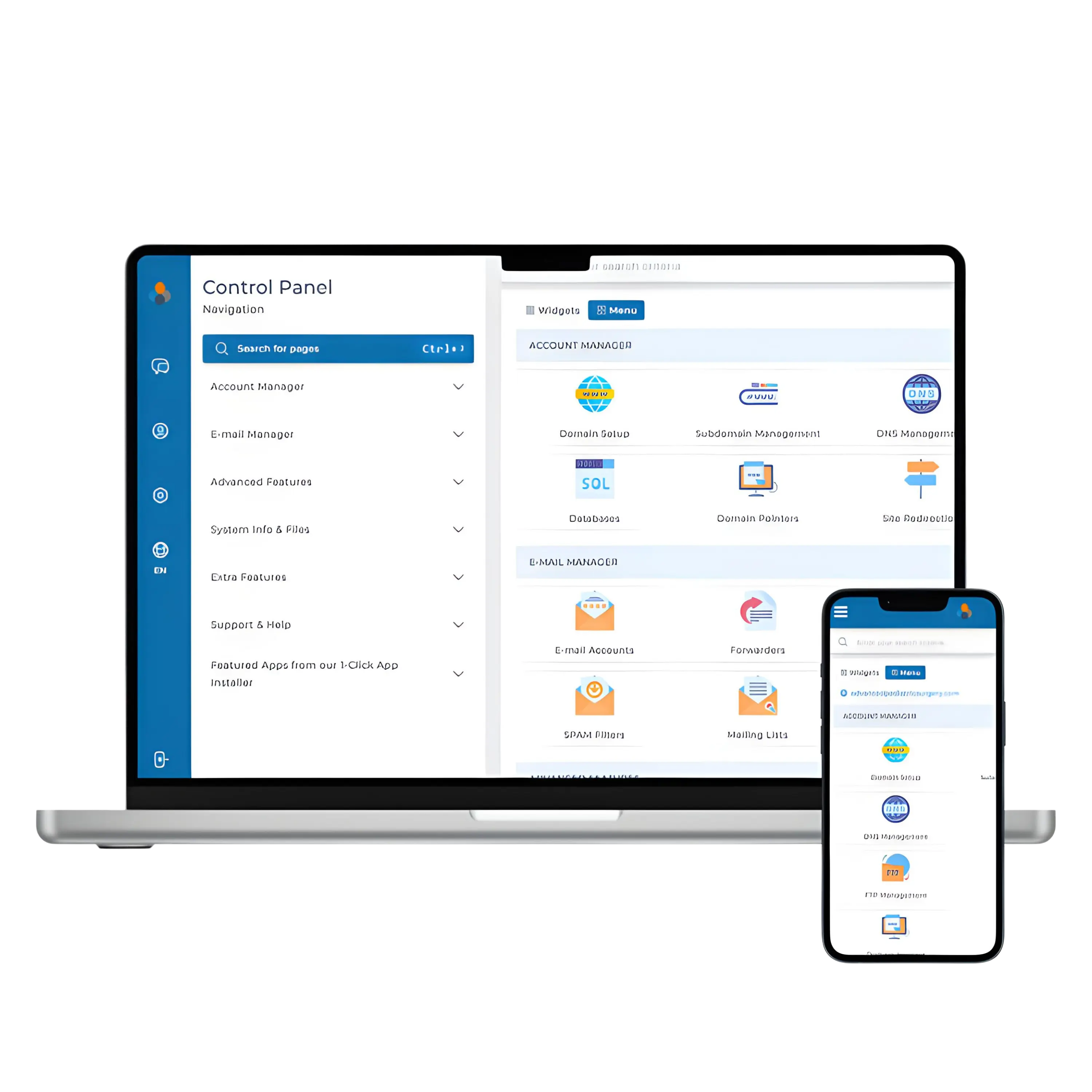 A laptop and a smartphone display a control panel interface with navigation options on the left and management tools for accounts, domains, and email on the right. The interface is organized into sections like Account Manager and E-mail Manager, each with various icons.