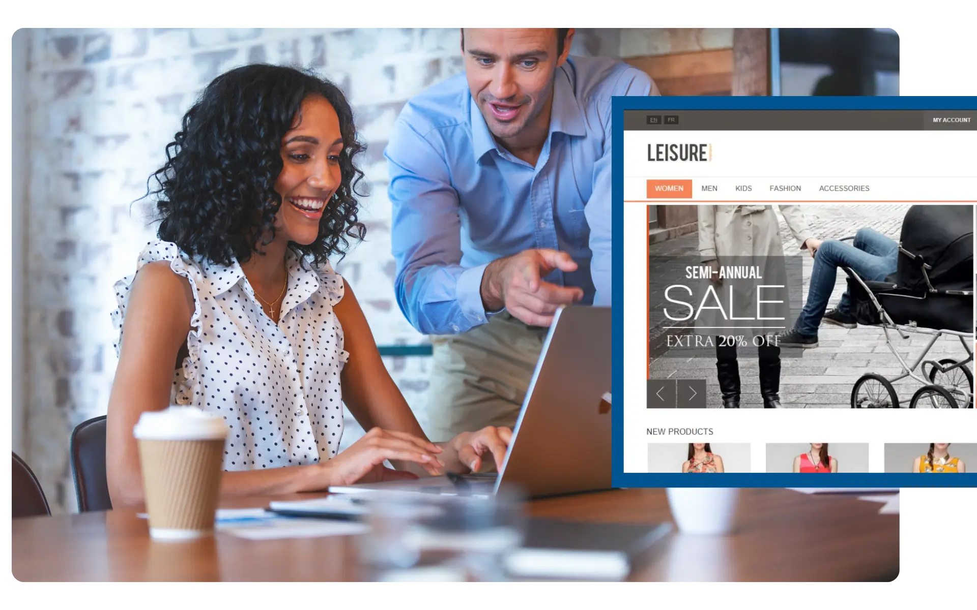 A woman and a man are smiling and looking at a laptop screen in an office setting. The man is pointing at the screen. A website with a "Semi-Annual Sale, Extra 20% Off" banner is visible on the laptop's display. A takeaway coffee cup is on the table.