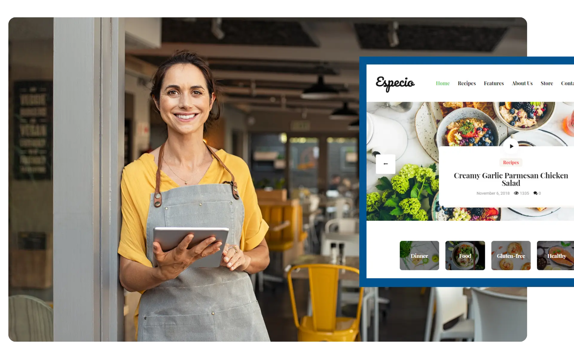 A smiling person wearing a yellow shirt and grey apron holds a tablet while standing in a restaurant. To the right, a website page is displayed featuring a recipe for "Creamy Garlic Parmesan Chicken Salad" with food categories below.